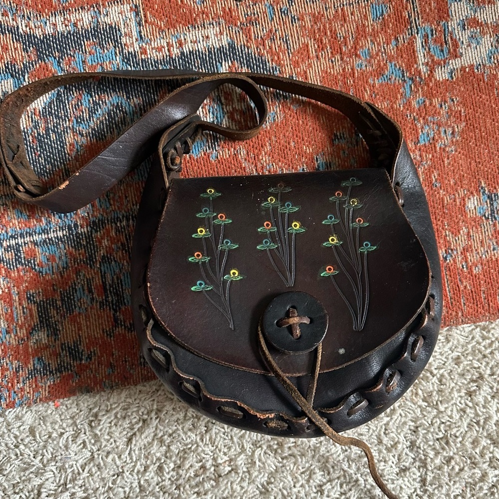 Leather Vintage Painted Floral/ Flower Crossbody Purse/Handbag